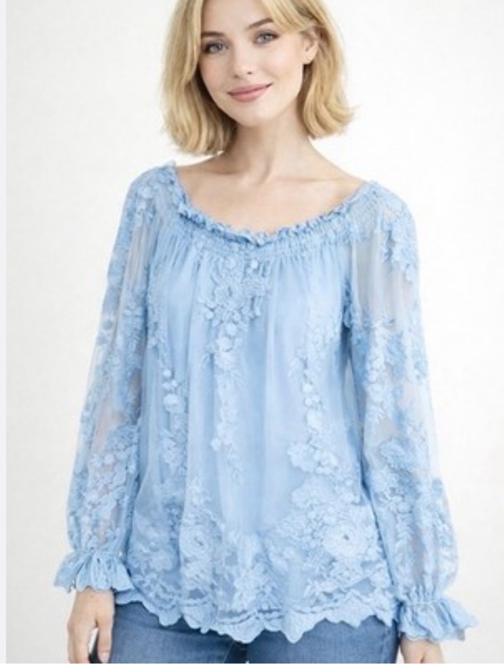 Marled Light Blue Lace Peasant Blouse